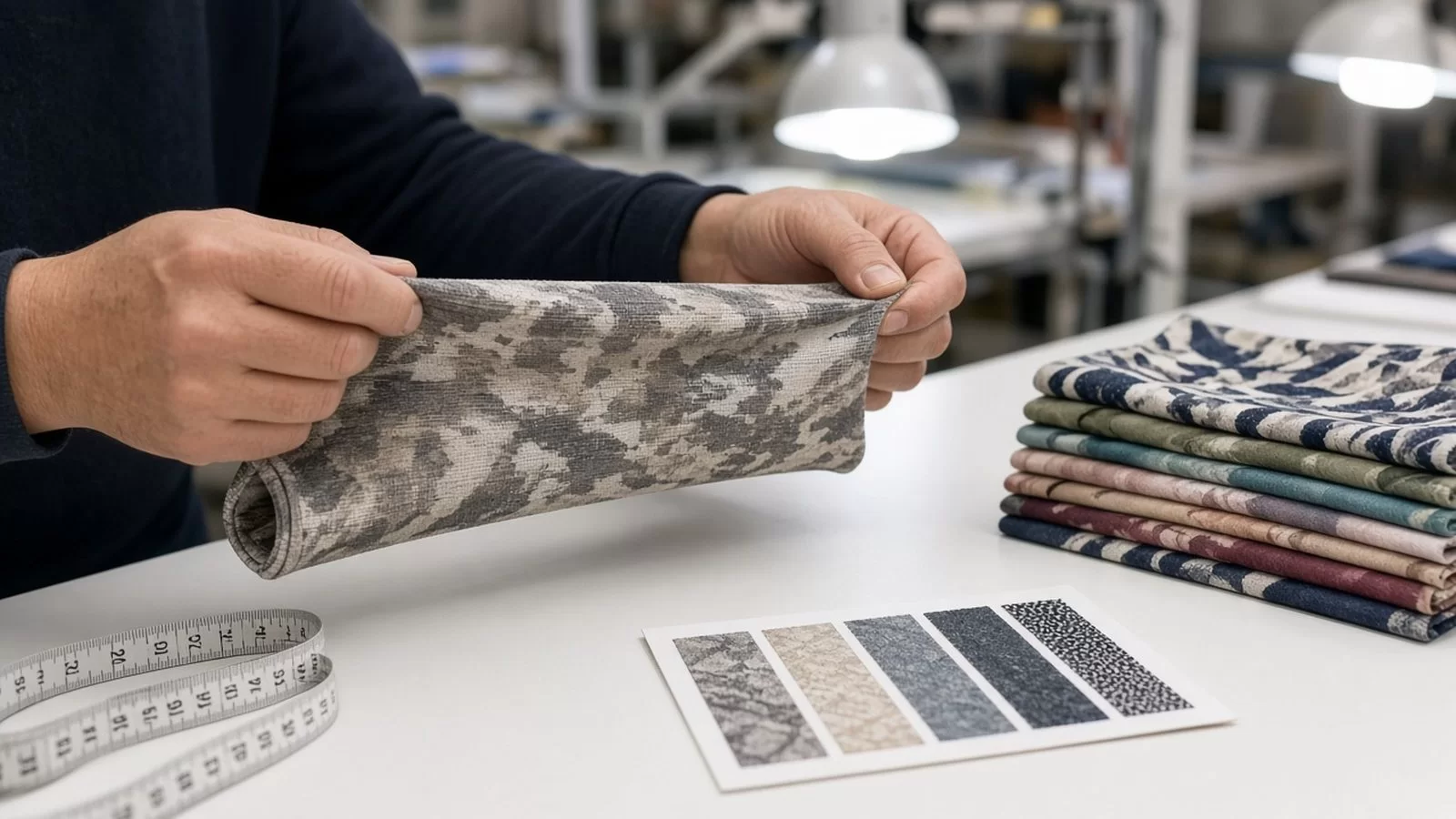 Üretim atölyesinde kalite kontrol masasında desenli dikişsiz mikrofiber buff boyunluğun esneklik ve baskı kontrolü