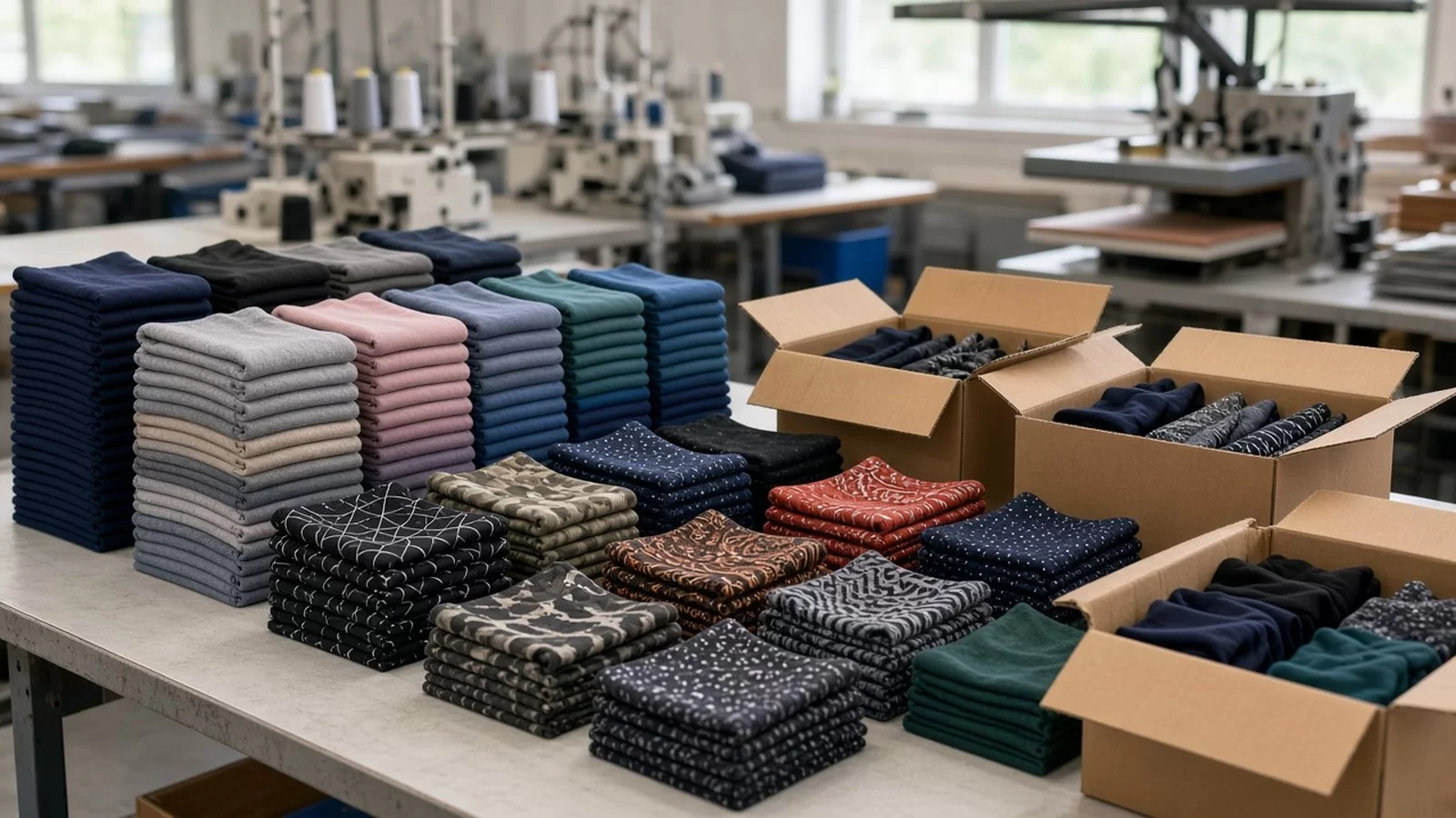 Üretim atölyesinde koli paketlemeye hazır, istiflenmiş renkli ve desenli dikişsiz mikrofiber buff boyunluklar